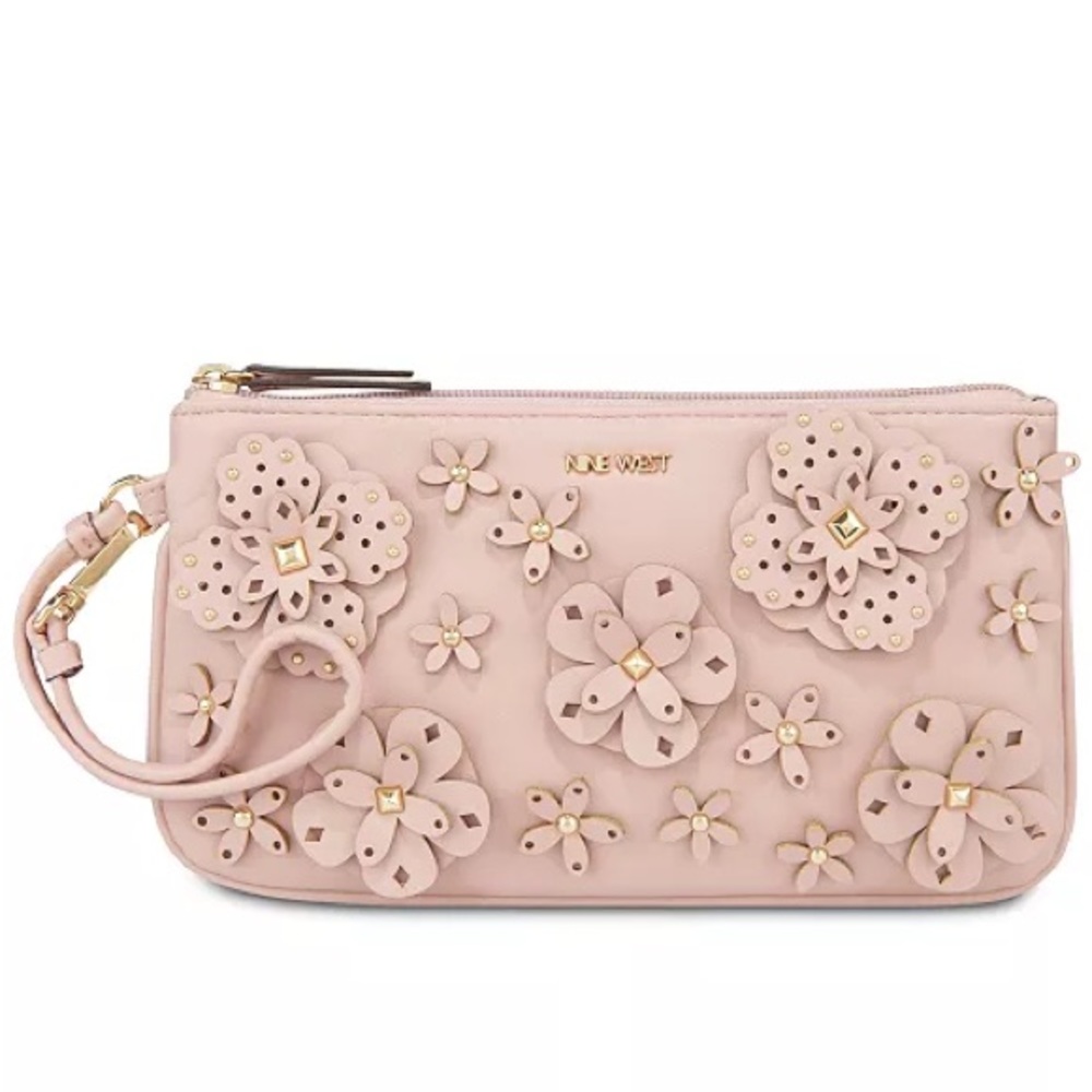 Nine West 3D Floral Wristlet Vegan Leather Pink Wallet Bag